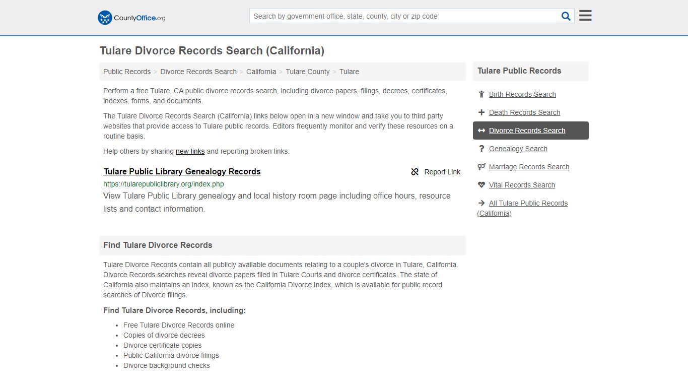 Tulare Divorce Records Search (California) - County Office