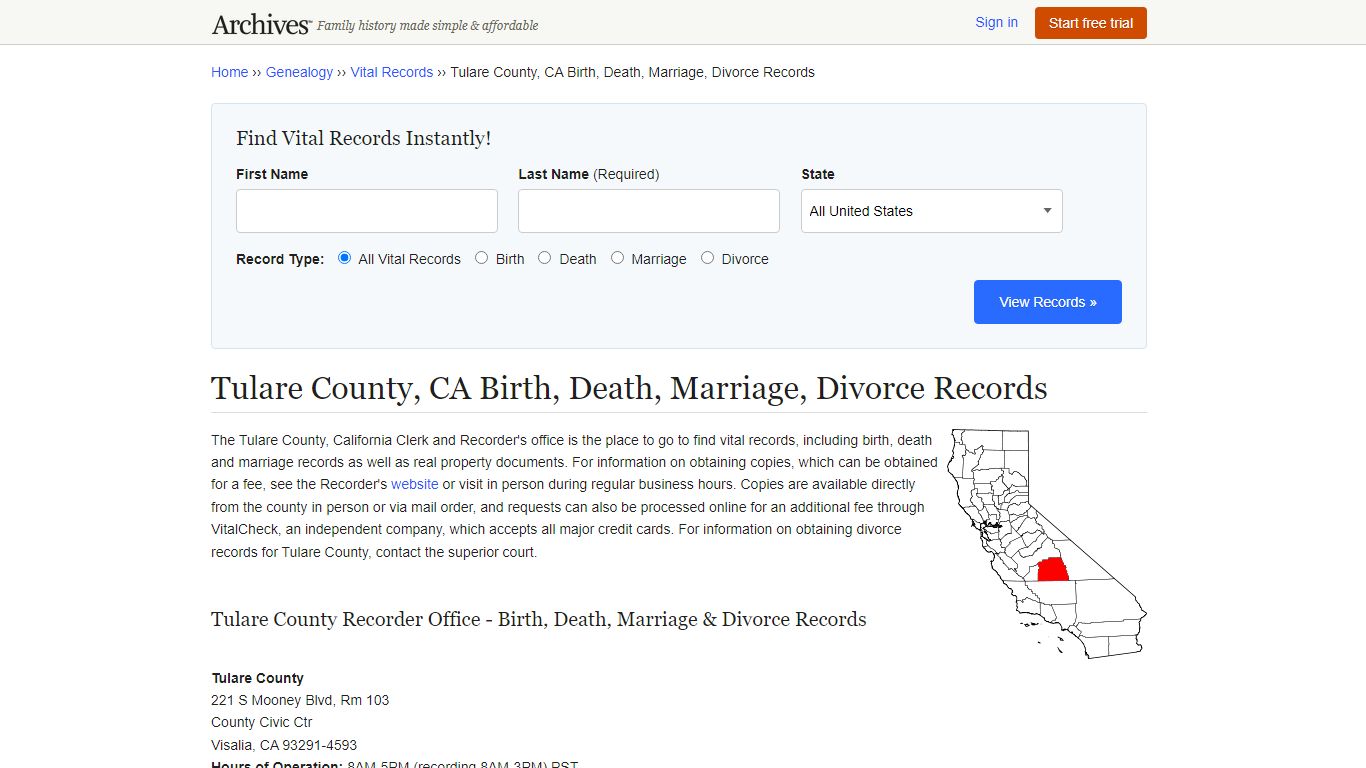 Tulare County, CA Birth, Death, Marriage, Divorce Records - Archives.com